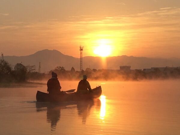 朝もやの江津湖を進むカヤックの写真